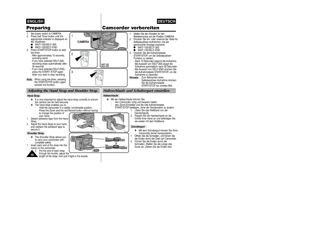 Samsung VP-W90/W97 manual Preparing Camcorder vorbereiten, Adjusting the Hand Strap and Shoulder Strap 
