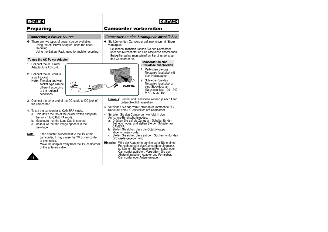 Samsung VP-W90/W97 manual To use the AC Power Adapter, Camcorder an eine, Steckdose anschließen, Camera 