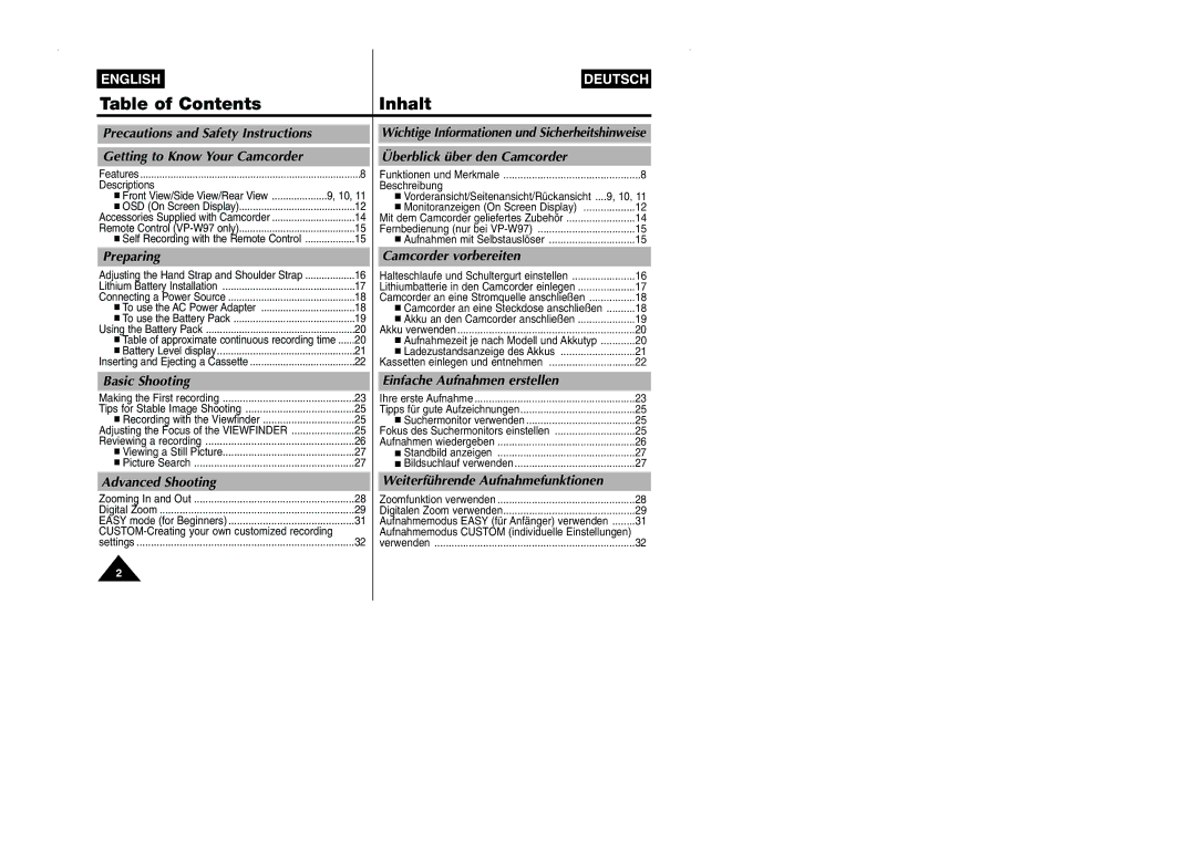 Samsung VP-W90/W97 manual Table of Contents Inhalt 