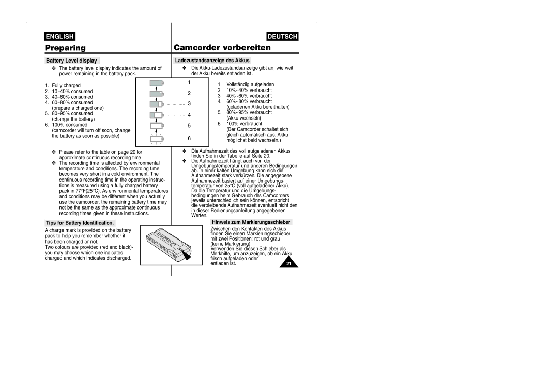 Samsung VP-W90/W97 manual Battery Level display, Tips for Battery Identification, Hinweis zum Markierungsschieber 