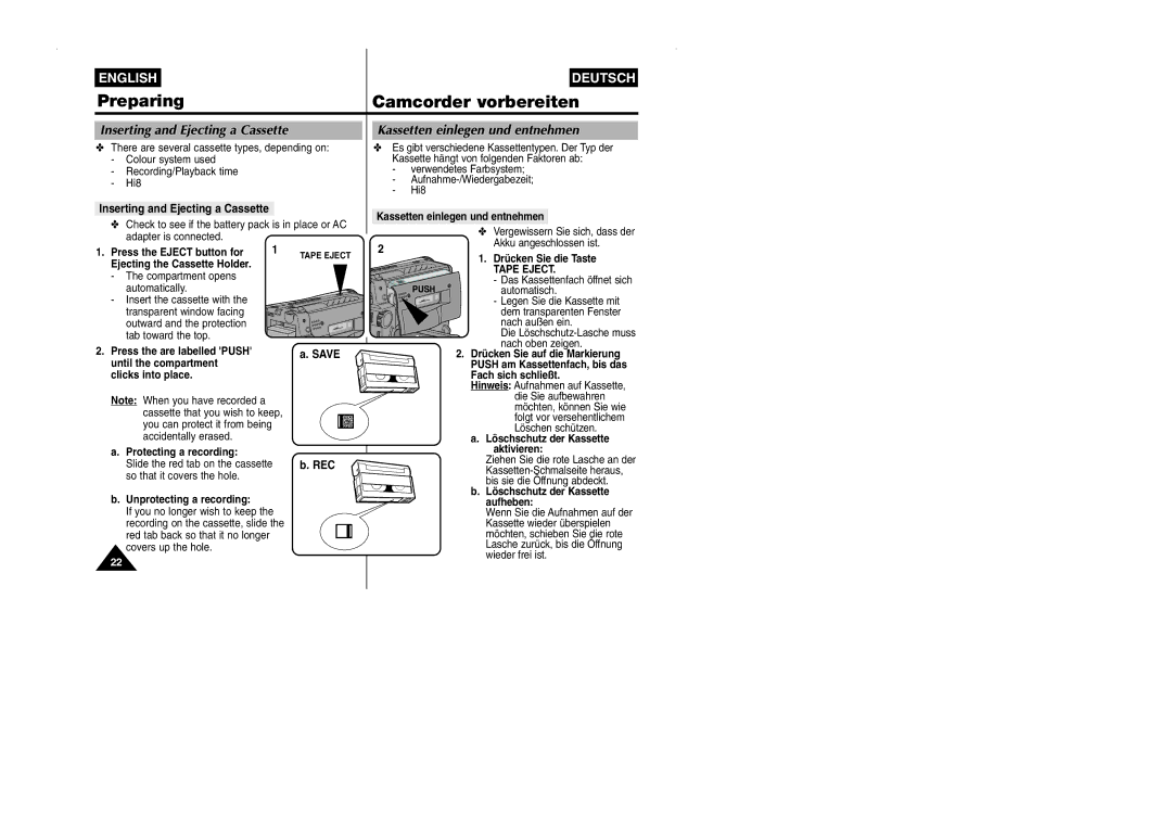 Samsung VP-W90/W97 manual Inserting and Ejecting a Cassette, Kassetten einlegen und entnehmen 