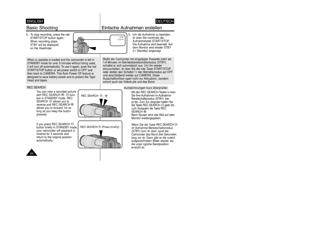 Samsung VP-W90/W97 manual Um die Aufnahme zu beenden STBYdrücken Sie nochmals die, Tion in Standby mode. REC 