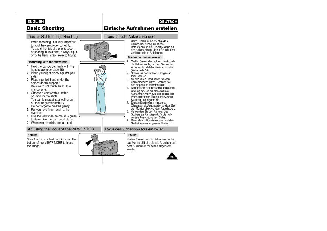 Samsung VP-W90/W97 Tipps für gute Aufzeichnungen, Adjusting the Focus of the Viewfinder, Tips for Stable Image Shooting 