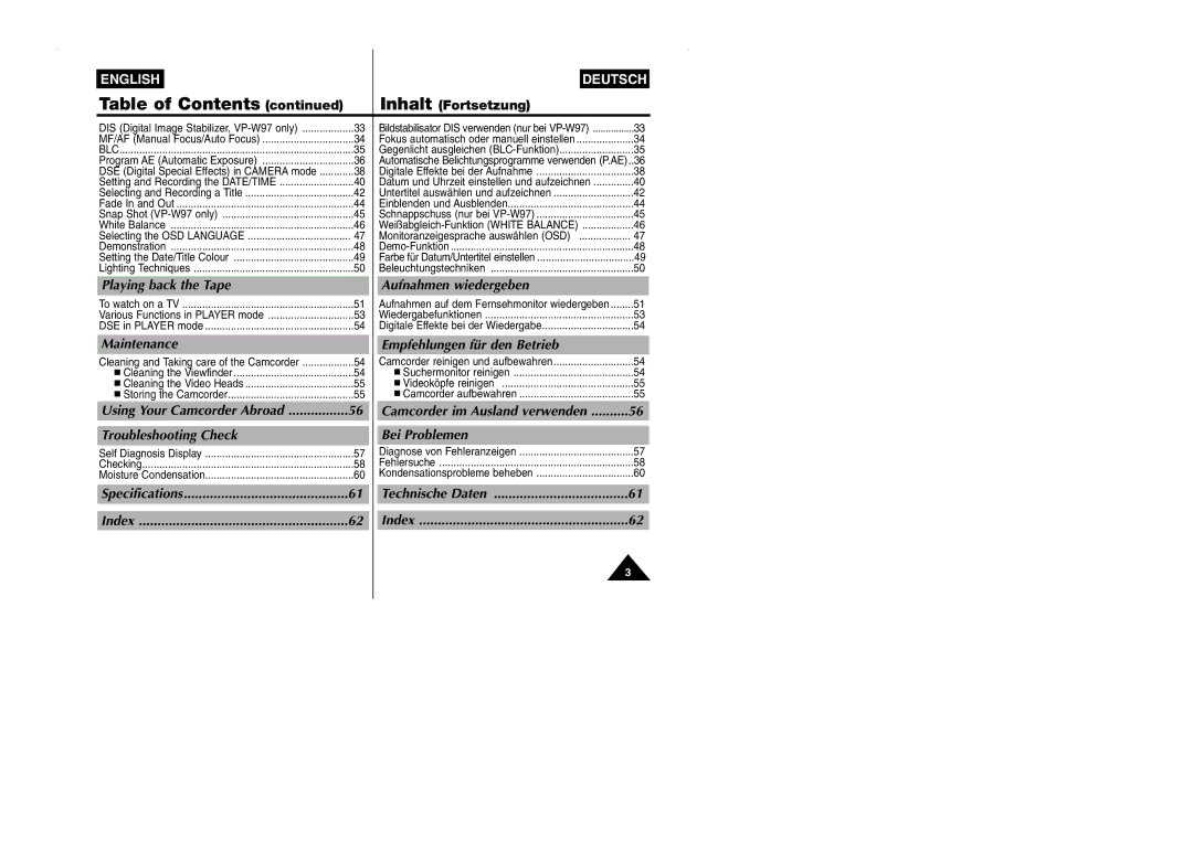 Samsung VP-W90/W97 manual Table of Contents 