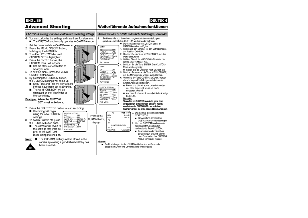 Samsung VP-W90/W97 manual Example When the Custom, SET is set as follows 