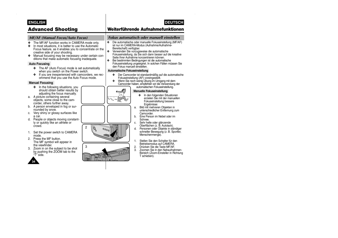 Samsung VP-W90/W97 manual MF/AF Manual Focus/Auto Focus, Fokus automatisch oder manuell einstellen, Auto Focusing 