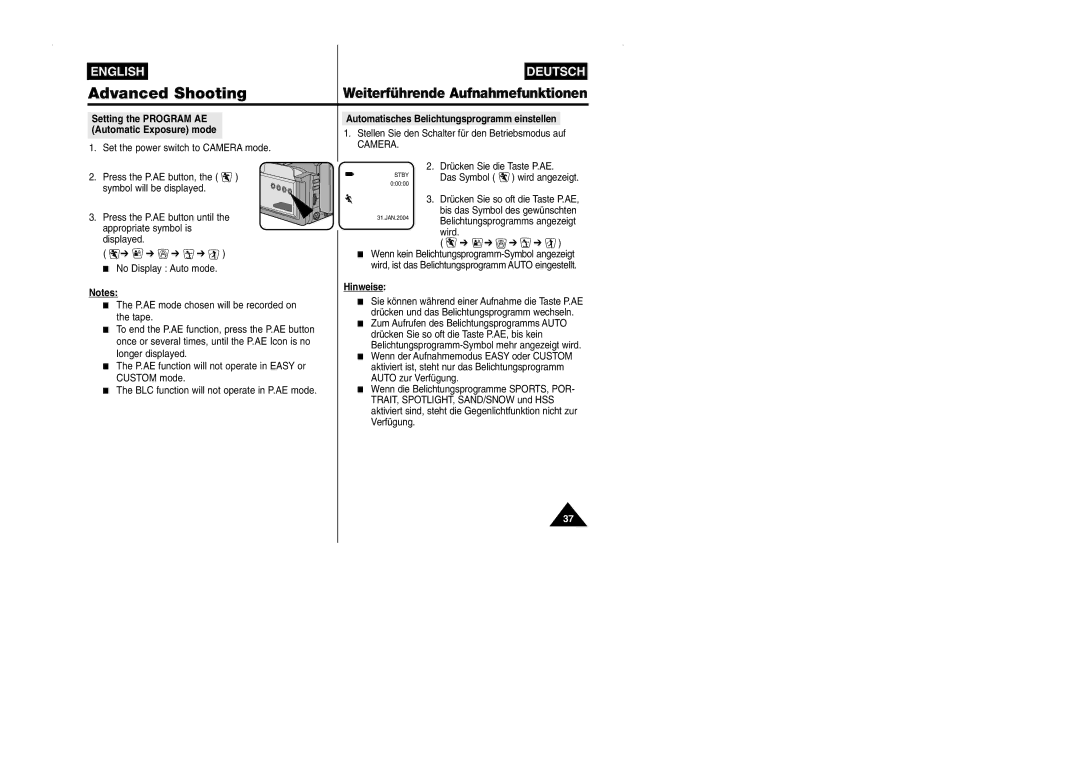 Samsung VP-W90/W97 manual Automatisches Belichtungsprogramm einstellen, Stellen Sie den Schalter für den Betriebsmodus auf 