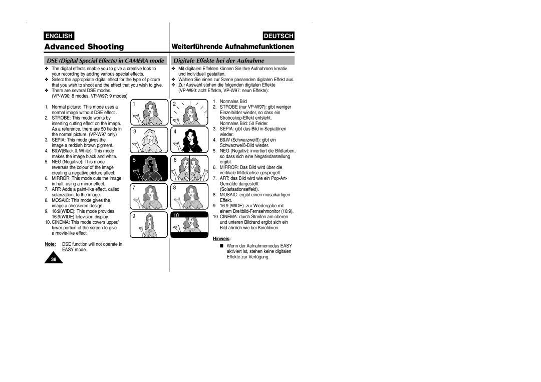 Samsung VP-W90/W97 manual Digitale Effekte bei der Aufnahme, DSE Digital Special Effects in Camera mode 