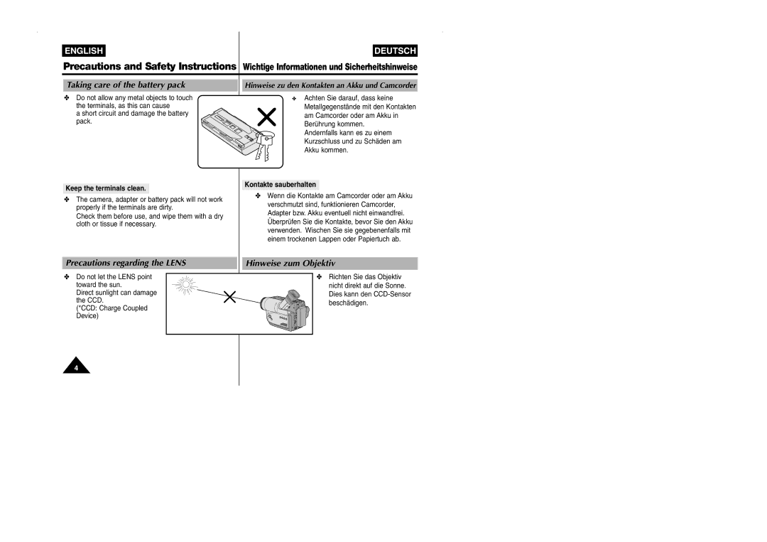 Samsung VP-W90/W97 manual Taking care of the battery pack, Precautions regarding the Lens, Hinweise zum Objektiv 