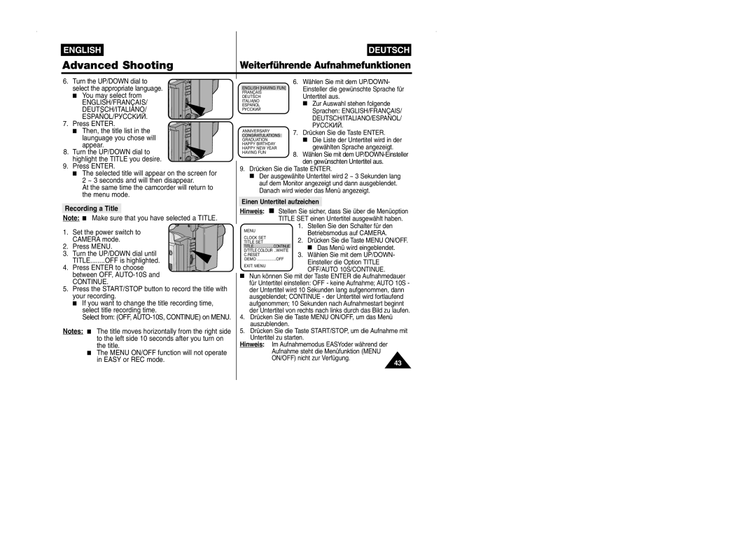 Samsung VP-W90/W97 manual English/Français Deutsch/Italiano, Then, the title list in the launguage you chose will appear 