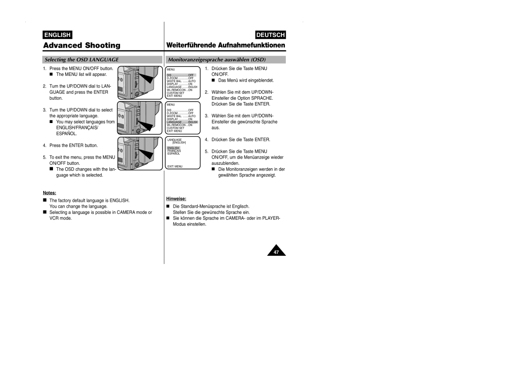 Samsung VP-W90/W97 manual ENGLISH/FRANÇAIS Español, FRANÇAIS5. Drücken Sie die Taste Menu 