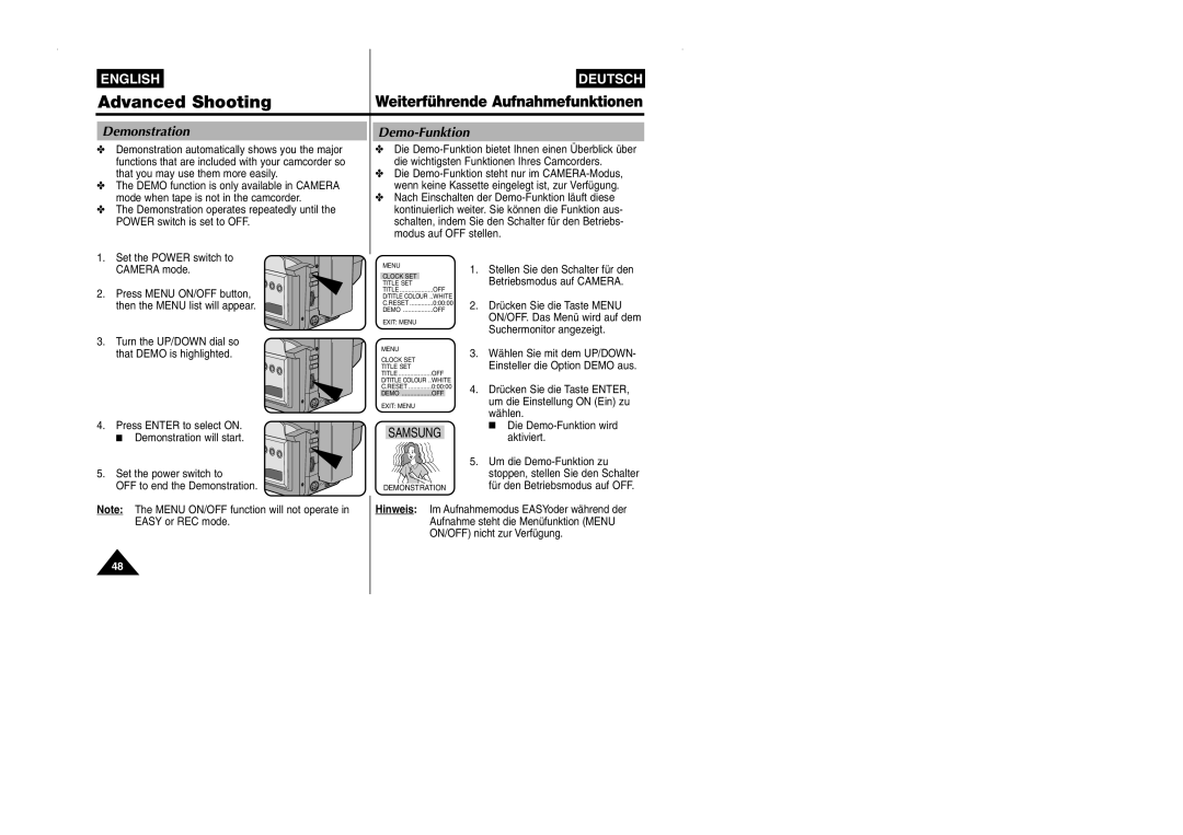 Samsung VP-W90/W97 manual Demonstration, Demo-Funktion, Samsung, Press Menu ON/OFF button, then the Menu list will appear 