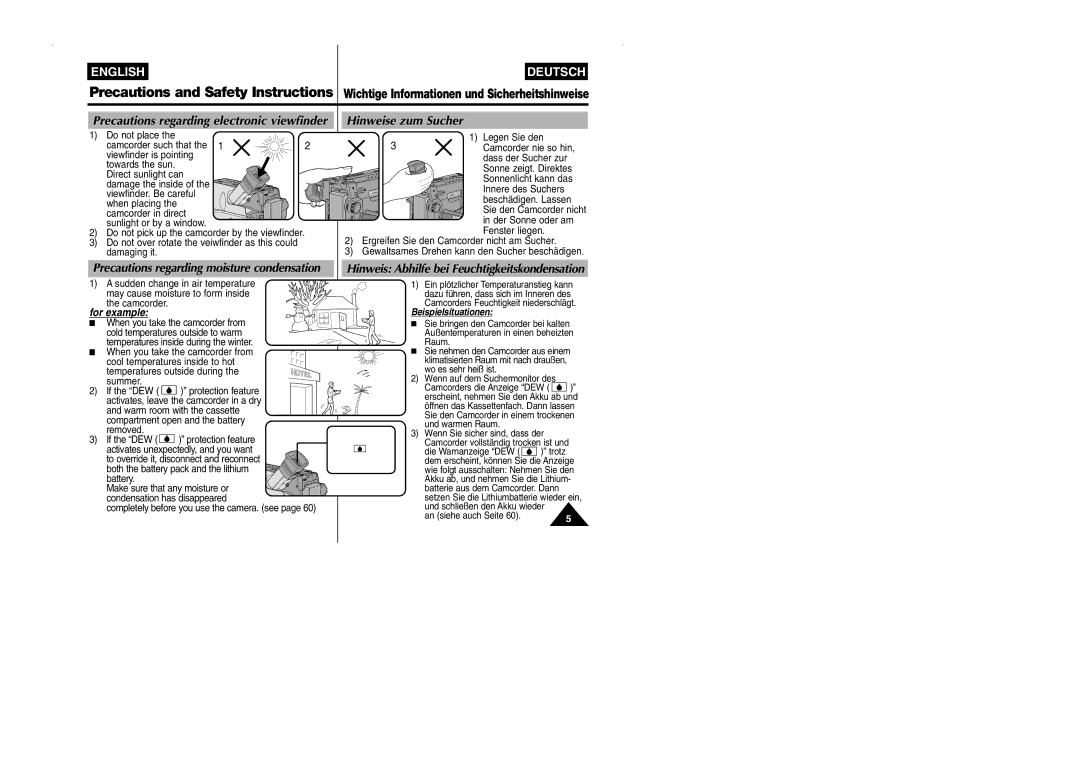 Samsung VP-W90/W97 manual Precautions regarding moisture condensation, Der Sonne oder am, Fenster liegen, Camcorder 