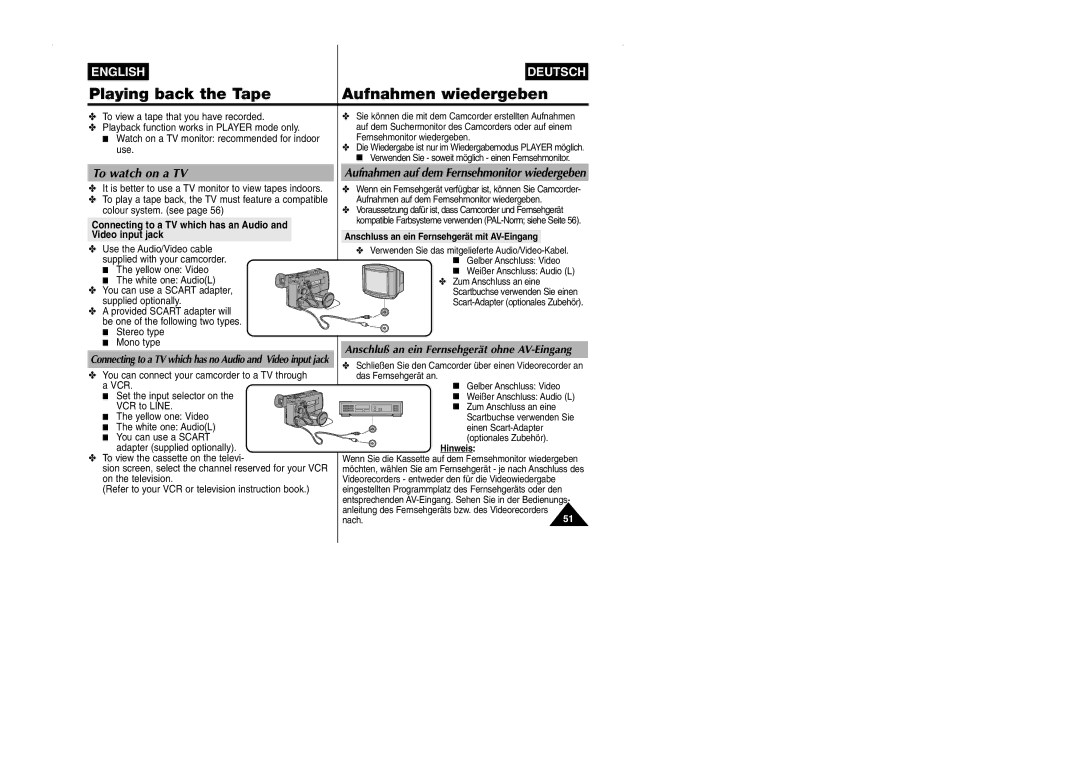 Samsung VP-W90/W97 manual Playing back the Tape Aufnahmen wiedergeben, To watch on a TV 