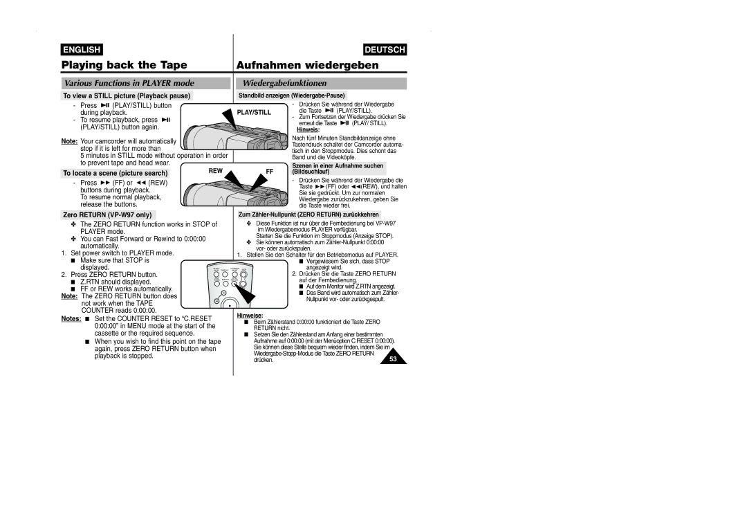 Samsung VP-W90/W97 manual Wiedergabefunktionen, Various Functions in Player mode, To view a Still picture Playback pause 