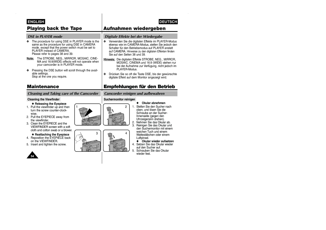 Samsung VP-W90/W97 manual DSE in Player mode, Digitale Effekte bei der Wiedergabe, Camcorder reinigen und aufbewahren 