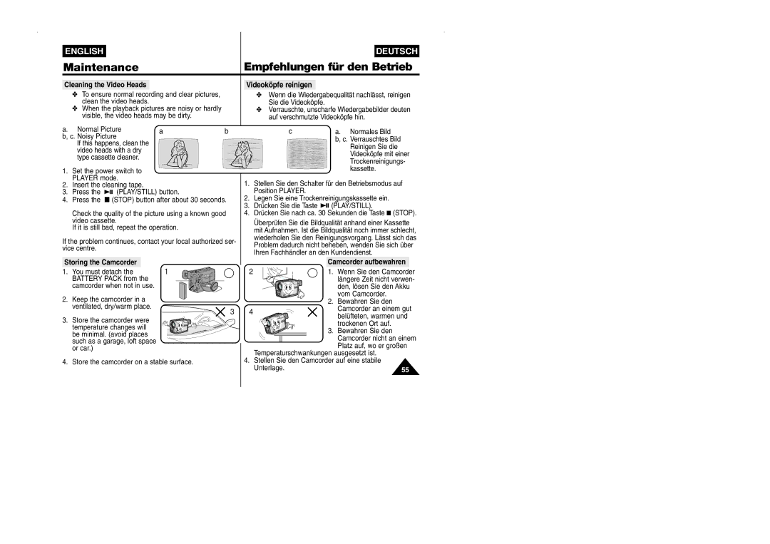 Samsung VP-W90/W97 manual Cleaning the Video Heads Videoköpfe reinigen, Storing the Camcorder, Camcorder aufbewahren 