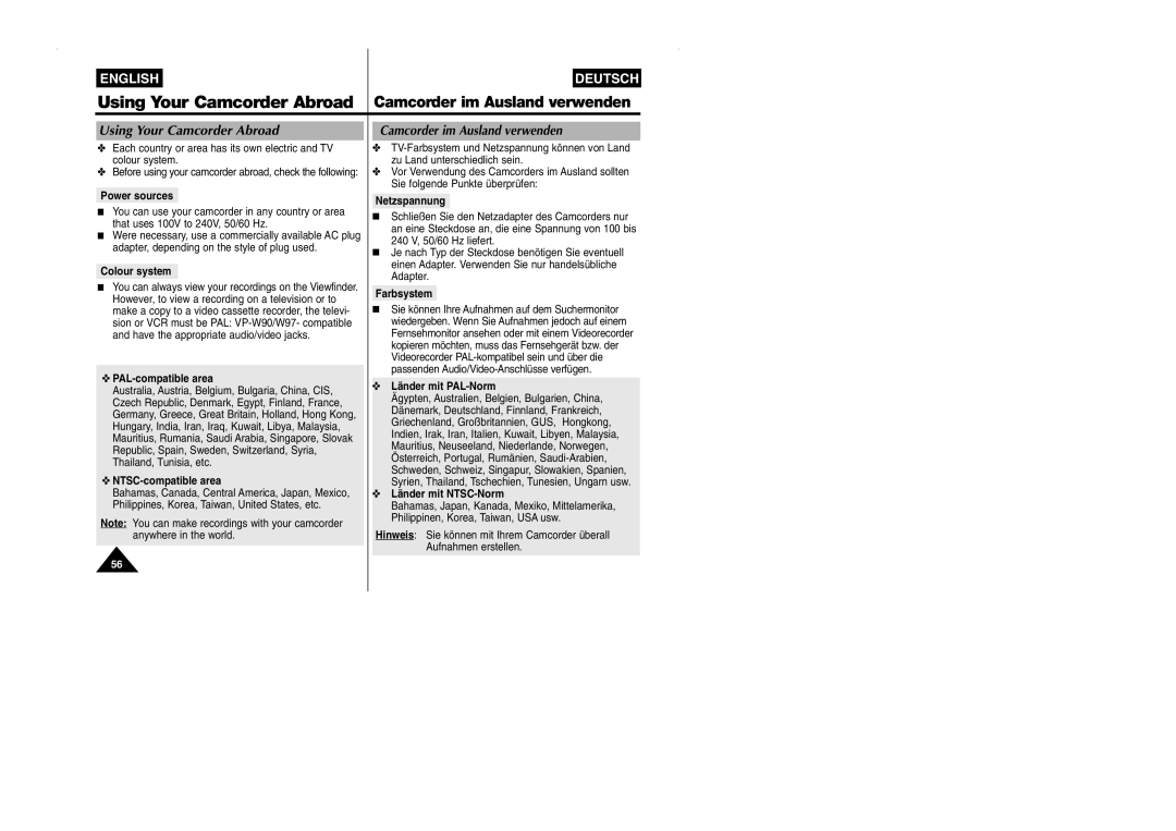 Samsung VP-W90/W97 manual Using Your Camcorder Abroad, Camcorder im Ausland verwenden 