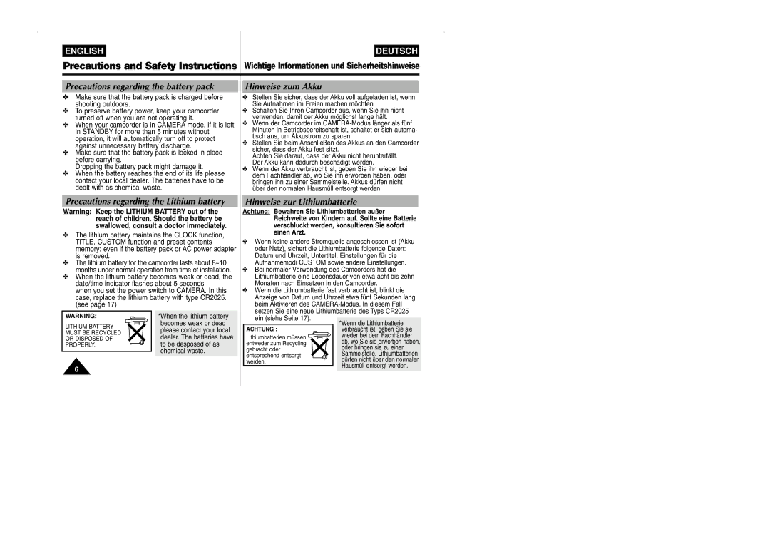 Samsung VP-W90/W97 Precautions regarding the battery pack, Hinweise zum Akku, Precautions regarding the Lithium battery 