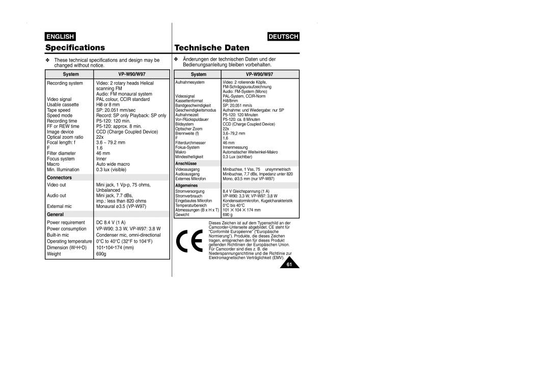 Samsung manual Specifications Technische Daten, System VP-W90/W97, Connectors, General 