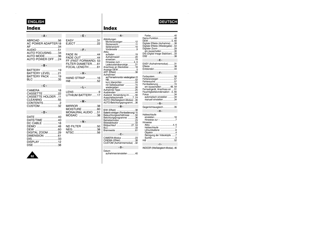 Samsung VP-W90/W97 manual Index, FF Fast Forward, Mirror, Moisture 