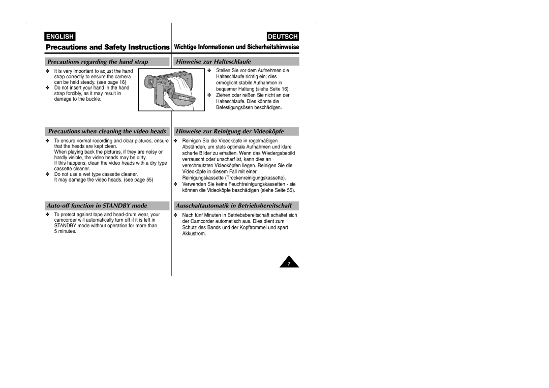 Samsung VP-W90/W97 Precautions regarding the hand strap, Hinweise zur Halteschlaufe, Hinweise zur Reinigung der Videoköpfe 