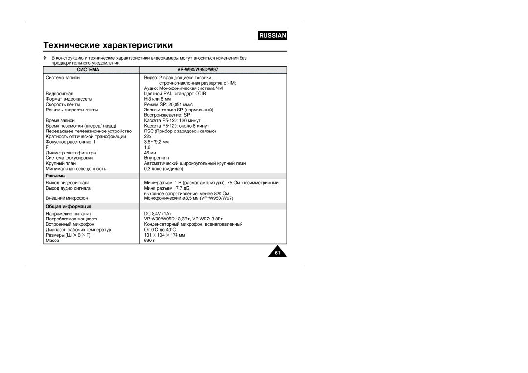 Samsung VP-W95D/XEV manual ÍÂıÌË˜ÂÒÍËÂ ı‡‡ÍÚÂËÒÚËÍË, ËàëíÖåÄ VP-W90/W95D/W97, ‡Á˙Âï˚, ·˘‡ﬂ ËÌÙÓÏ‡ˆËﬂ 