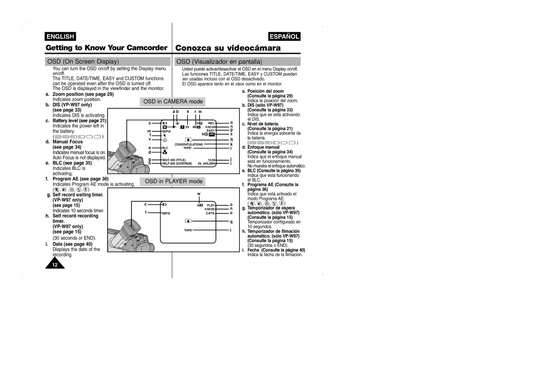 Samsung VP-W95D/XEV manual OSD On Screen Display OSD Visualizador en pantalla 