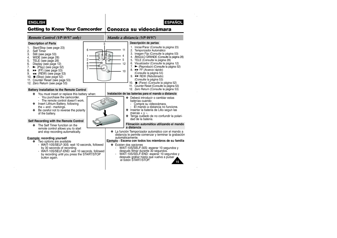 Samsung VP-W95D/XEV manual Remote Control VP-W97 only Mando a distancia VP-W97, Battery Installation to the Remote Control 