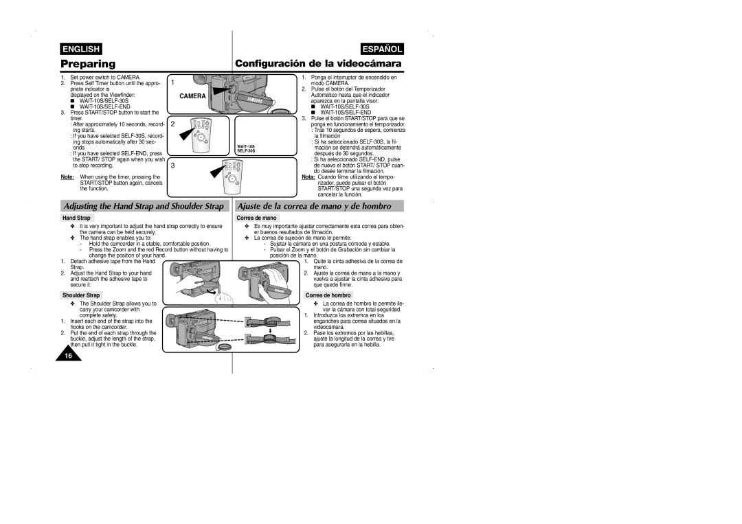 Samsung VP-W95D/XEV manual Ajuste de la correa de mano y de hombro, Adjusting the Hand Strap and Shoulder Strap 