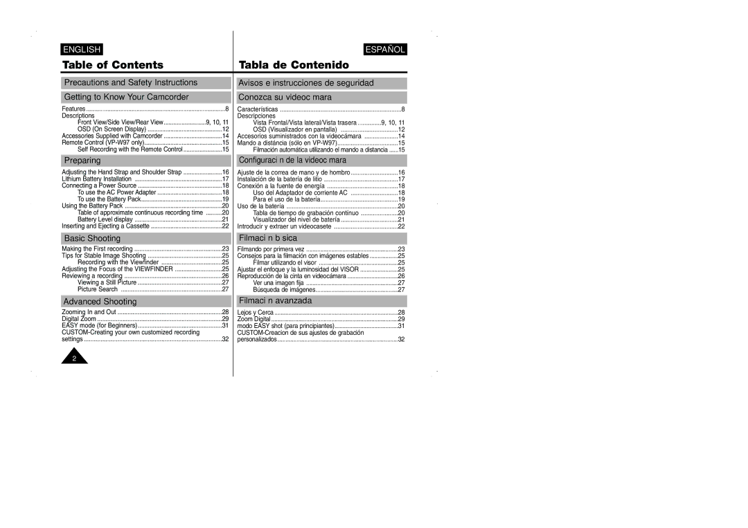 Samsung VP-W95D/XEV manual Table of Contents Tabla de Contenido 