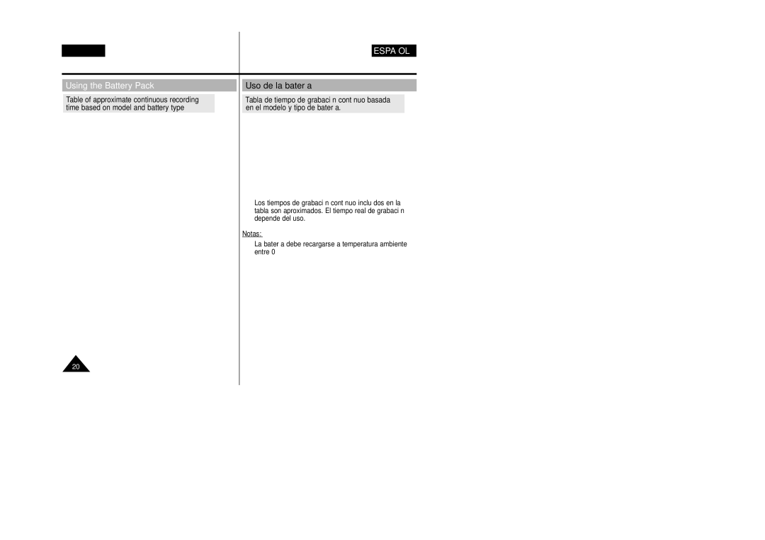 Samsung VP-W95D/XEV manual Using the Battery Pack, Uso de la batería, Notas 