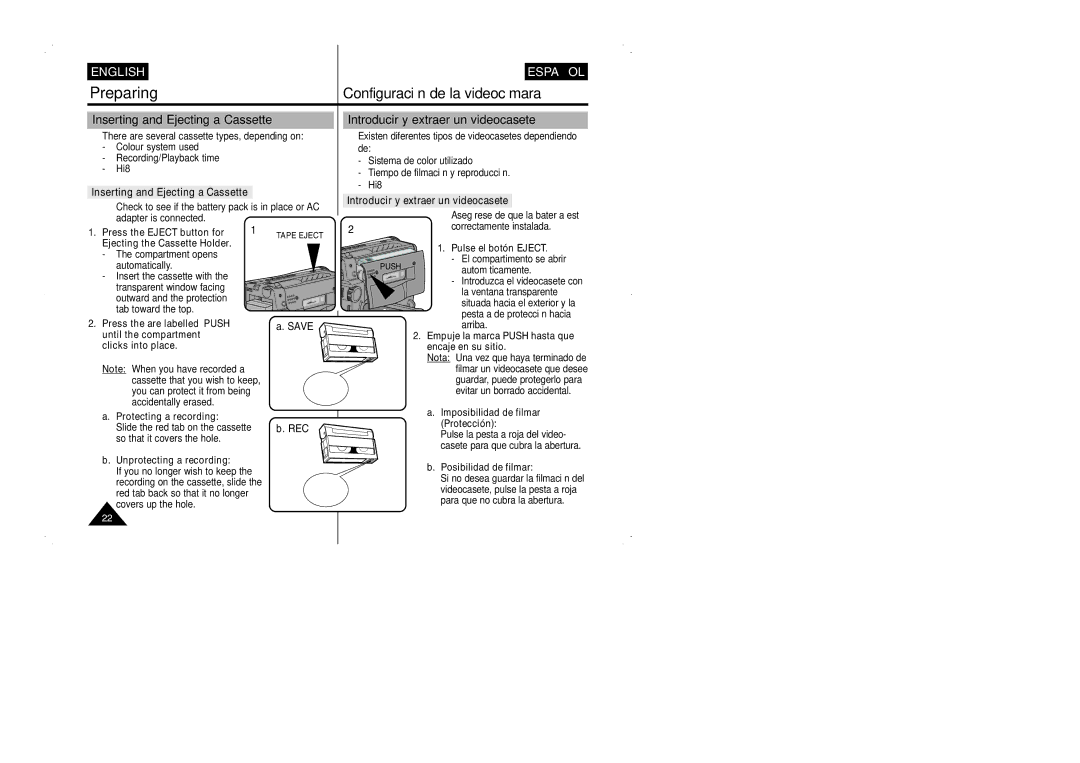 Samsung VP-W95D/XEV manual Inserting and Ejecting a Cassette, Introducir y extraer un videocasete 