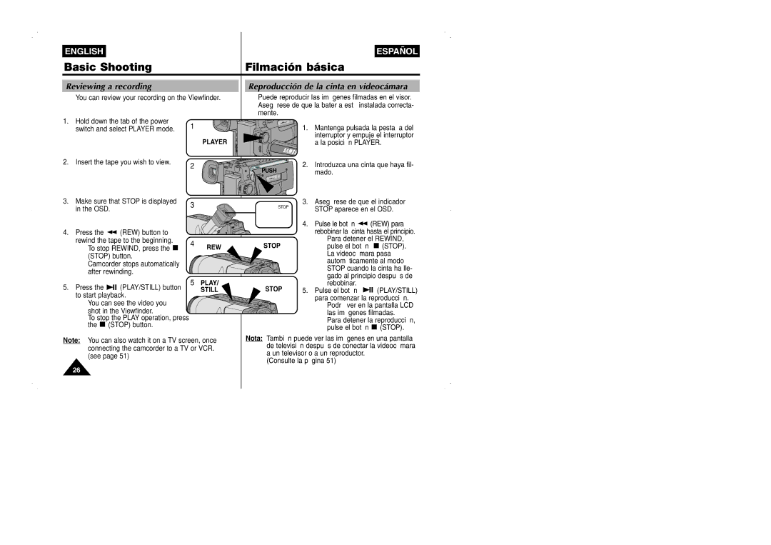 Samsung VP-W95D/XEV manual Reviewing a recording, Reproducción de la cinta en videocámara 