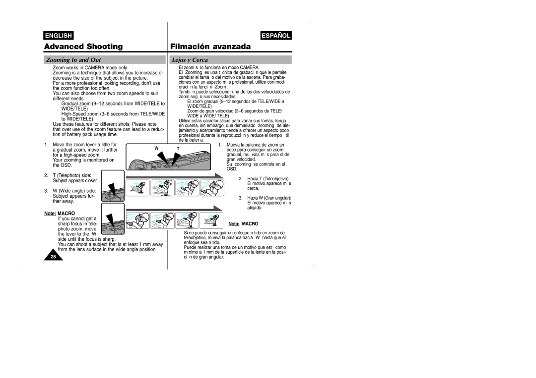 Samsung VP-W95D/XEV manual Advanced Shooting Filmación avanzada, Zooming In and Out Lejos y Cerca, Wide/Tele 