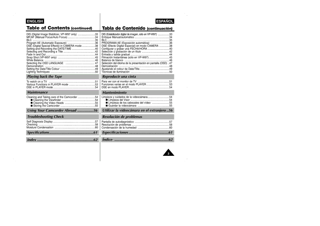 Samsung VP-W95D/XEV manual Table of Contents Tabla de Contenido continuación 