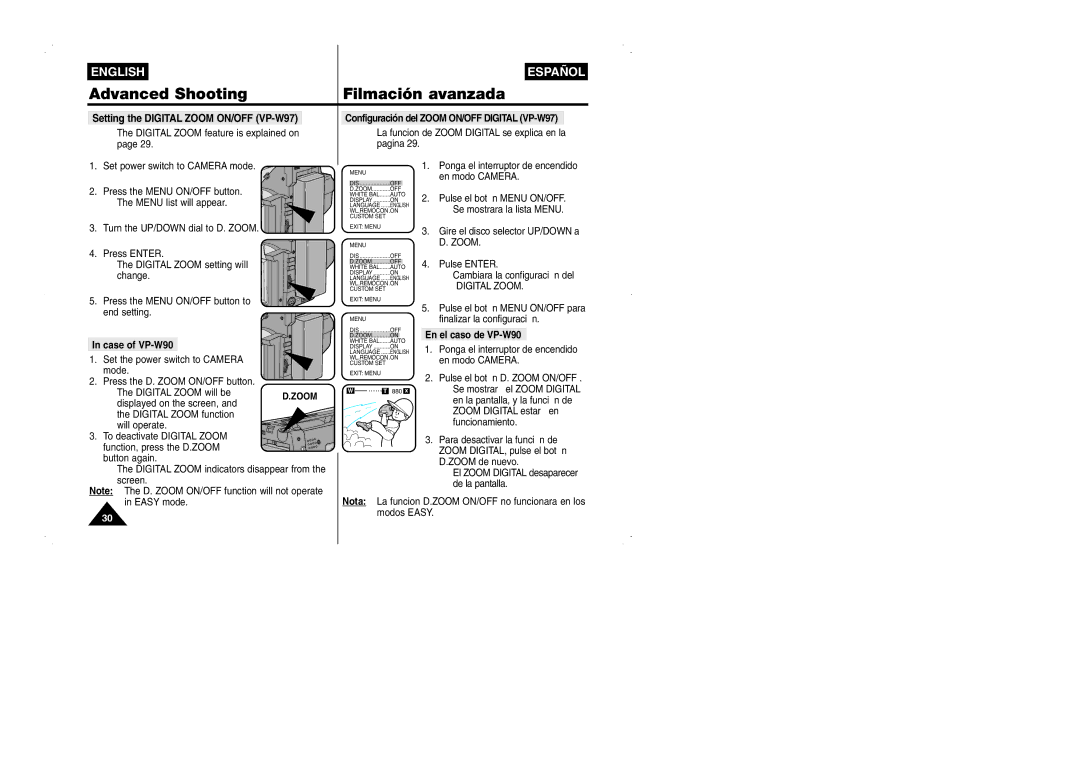 Samsung VP-W95D/XEV Setting the Digital Zoom ON/OFF VP-W97, Configuración del Zoom ON/OFF Digital VP-W97, Case of VP-W90 