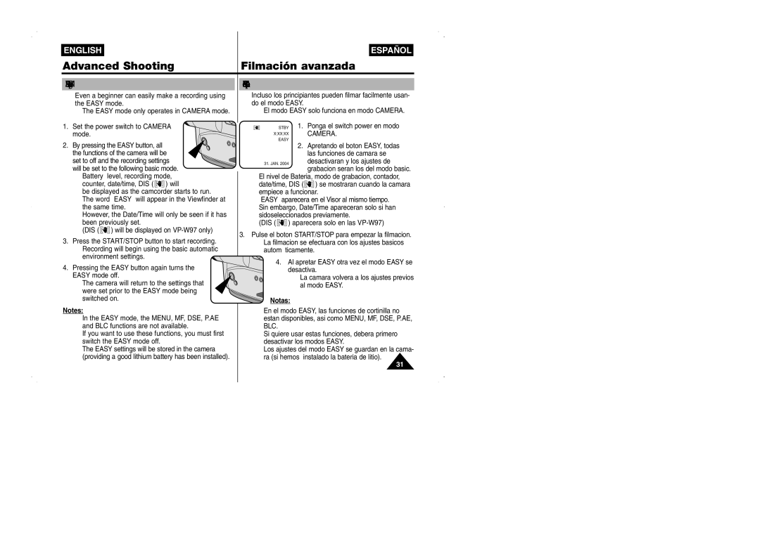 Samsung VP-W95D/XEV manual Easy Mode for Beginners Modo Easy para principiantes, Camera 