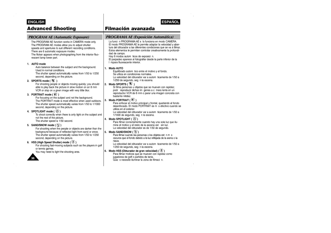 Samsung VP-W95D/XEV manual Program AE Automatic Exposure, Programa AE Exposición Automática 