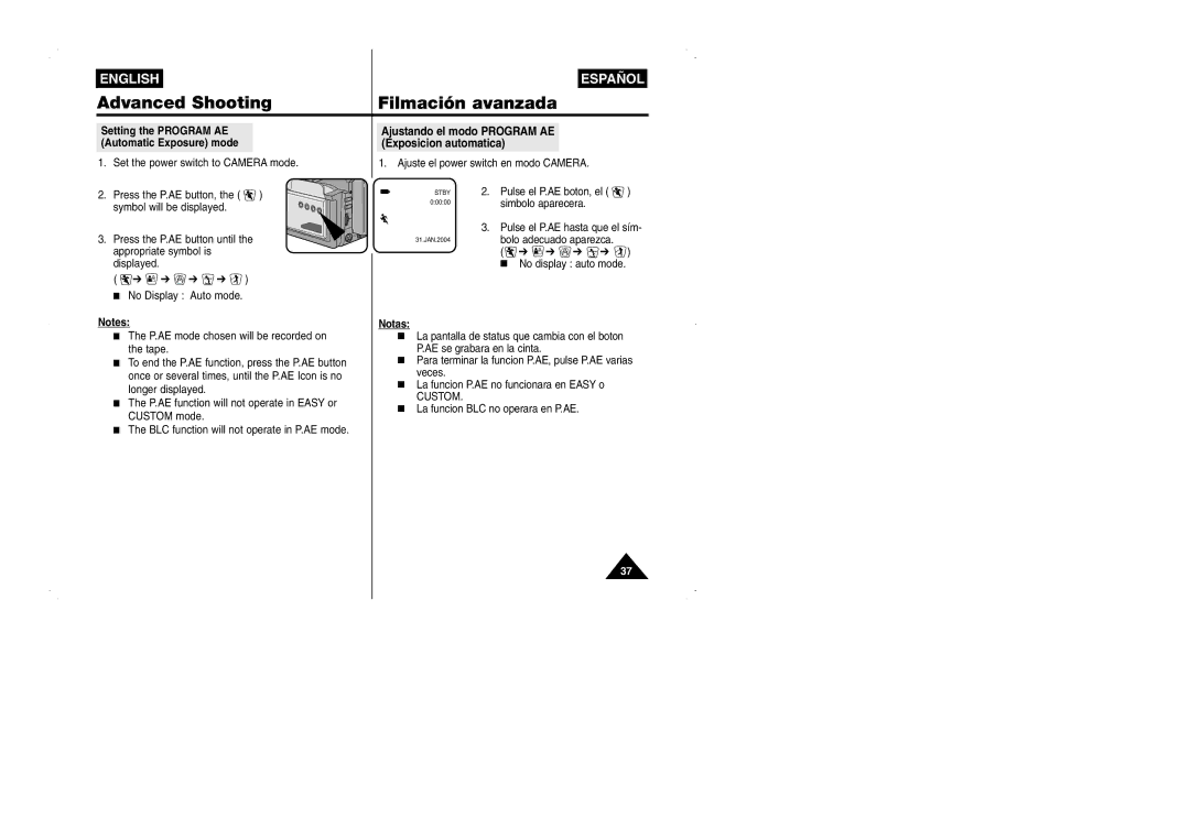 Samsung VP-W95D/XEV Setting the Program AE Automatic Exposure mode, Ajustando el modo Program AE Exposicion automatica 