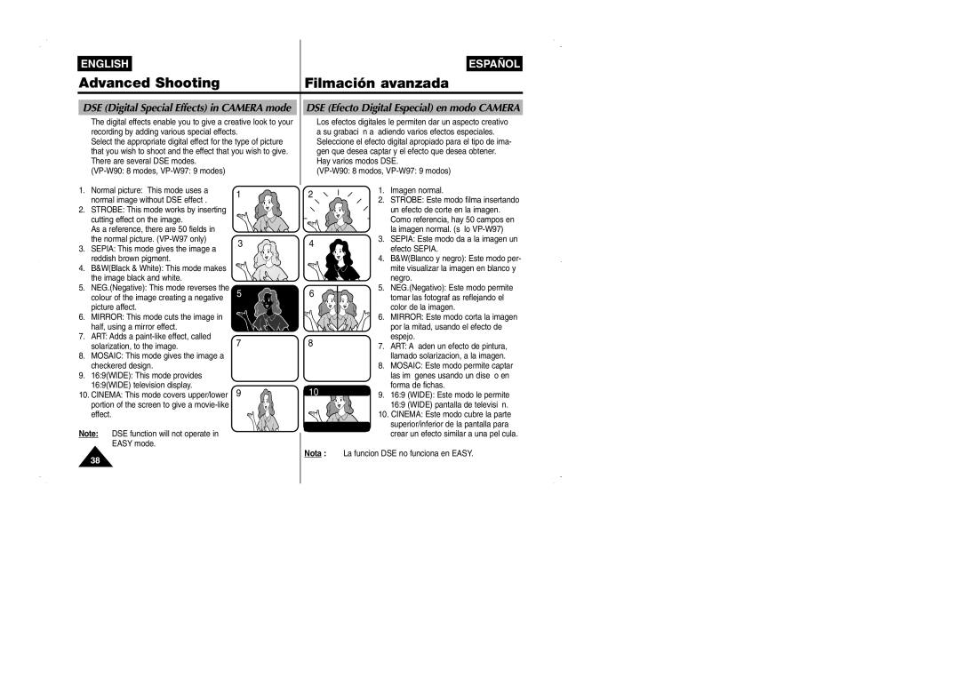 Samsung VP-W95D/XEV manual DSE Efecto Digital Especial en modo Camera, Nota 