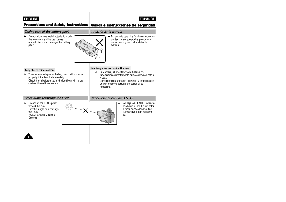 Samsung VP-W95D/XEV manual Taking care of the battery pack, Precautions regarding the Lens, Cuidado de la batería 