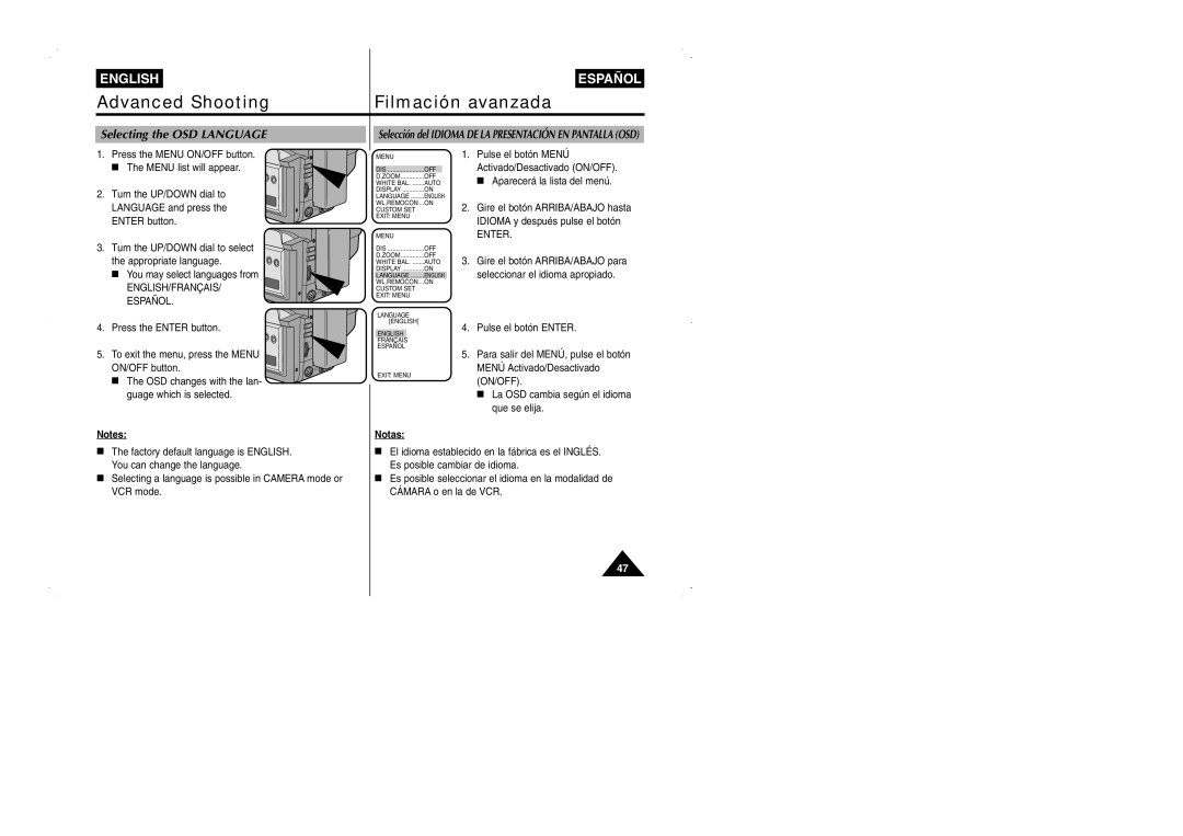 Samsung VP-W95D/XEV manual Selecting the OSD Language 