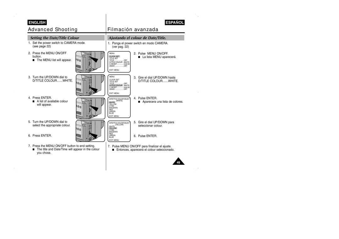 Samsung VP-W95D/XEV manual Setting the Date/Title Colour, Ajustando el colour de Date/Title 