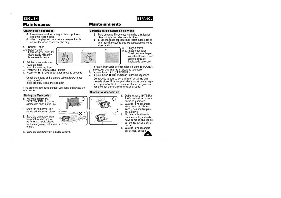 Samsung VP-W95D/XEV manual Cleaning the Video Heads, Limpieza de los cabezales del vídeo, Storing the Camcorder 