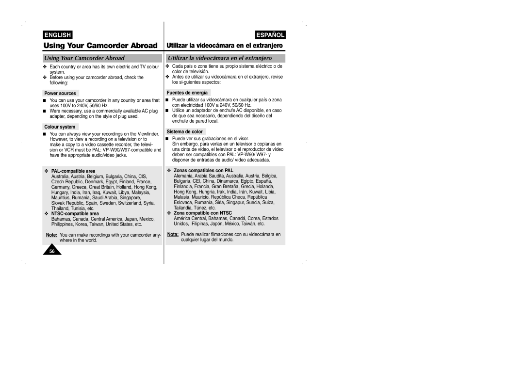 Samsung VP-W95D/XEV manual Power sources, Colour system, PAL-compatible area, NTSC-compatible area, Fuentes de energía 