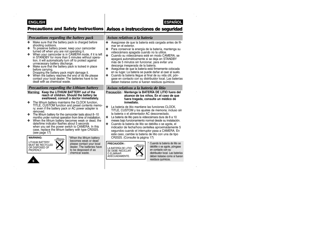 Samsung VP-W95D/XEV manual Precautions regarding the battery pack, Avisos relativos a la batería 