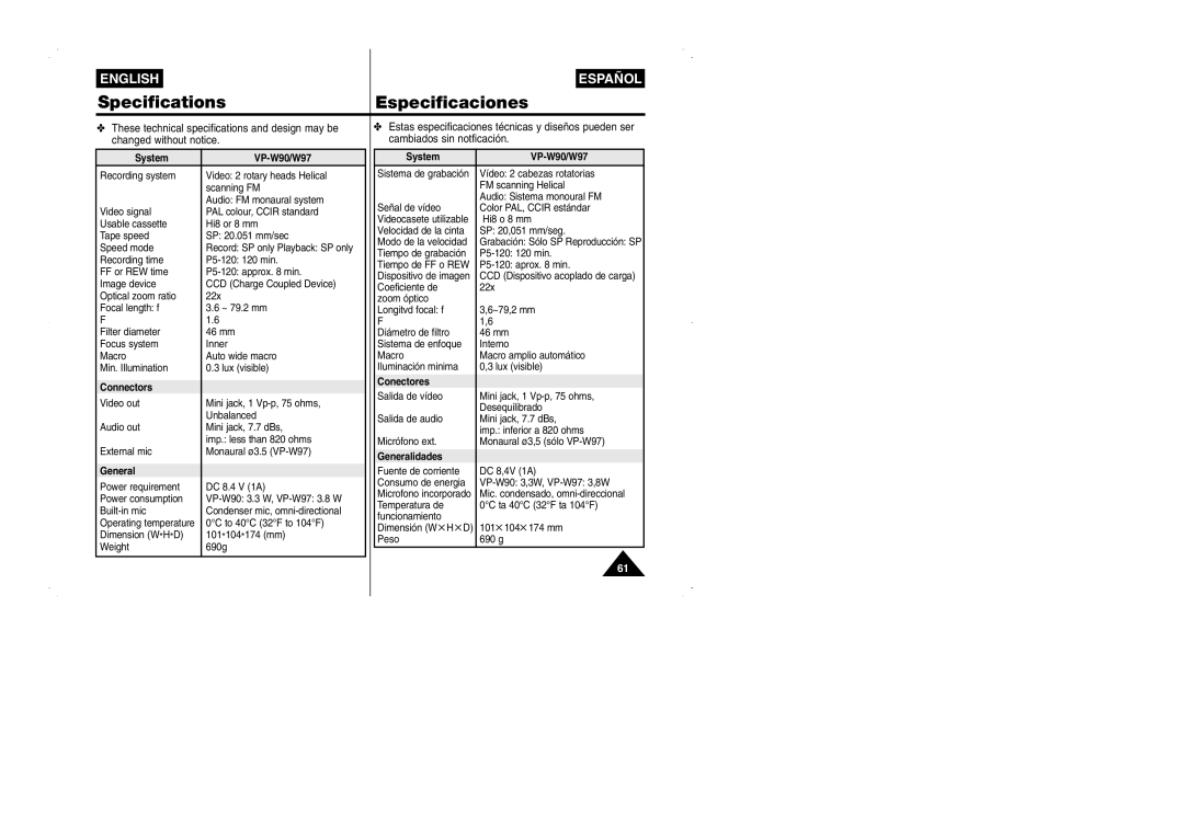 Samsung VP-W95D/XEV manual SpecificationsEspecificaciones, System VP-W90/W97, Connectors, General, Conectores 