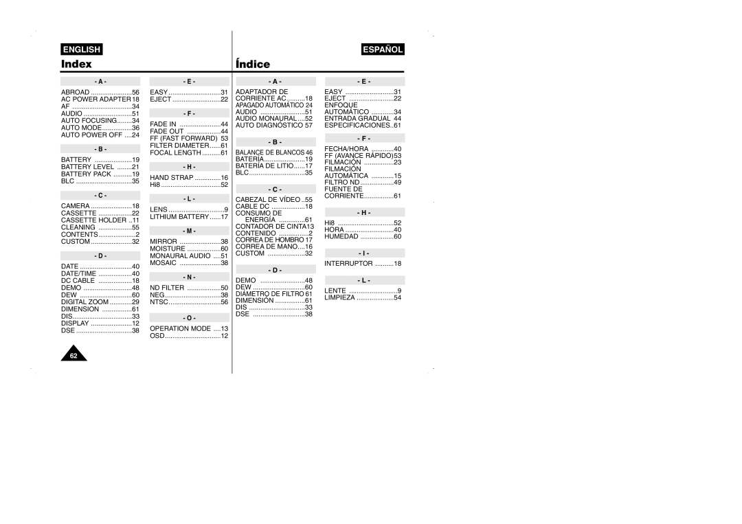 Samsung VP-W95D/XEV manual Index Índice 