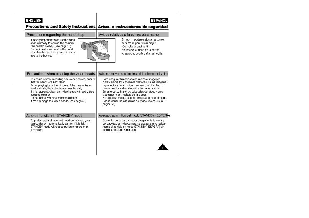 Samsung VP-W95D/XEV manual Precautions regarding the hand strap, Avisos relativos a la correa para mano 